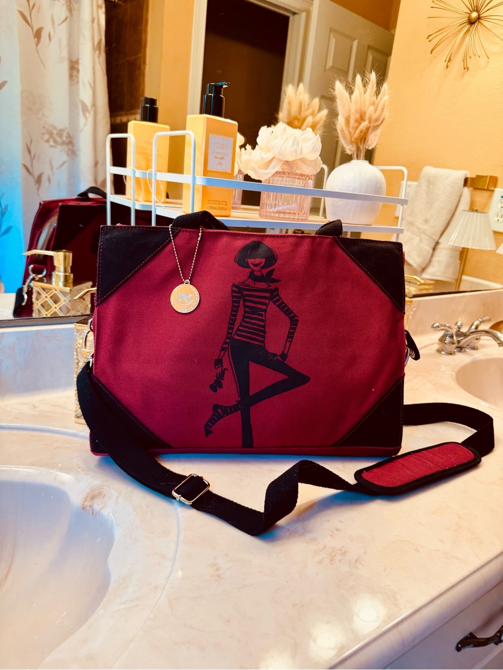 Izak Burgundy Canvas Crossbody Tote with Graphic Silhouette